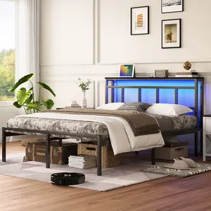 Sturdy 14-Inch Metal Platform Bed Frame (Full/Twin/Queen Sizes) with Storage Shelf Headboard, Type-C USB Charging Port and LED Light, Black, Sturdy Bed Frame