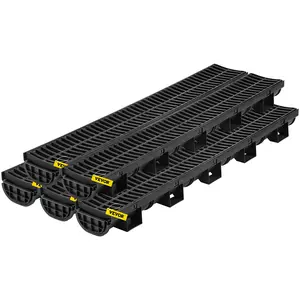 VEVOR 5-Pieces Interlock Kit Trench Drain System, 5.7x3.1-Inch Anti-Floating HDPE Plastic Drainage Trench, 5x39-Inch Plastic Grate, 5 End Caps, Easy-to-Install for Garage Floor, Driveway