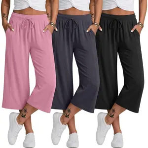 Pack Women's Capri Pants Wide Leg Lounge Loose Yoga Pants Casual Elastic Waist Cropped Capris with Pockets