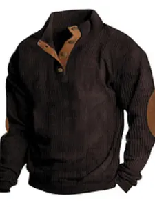 Men's European and American corduroy vertical stripes jacquard, quarter button, patch on the sleeve, trendy casual sports new button design hoodie suitable for home, leisure, campus and other scenarios, men's long-sleeved hoodie.