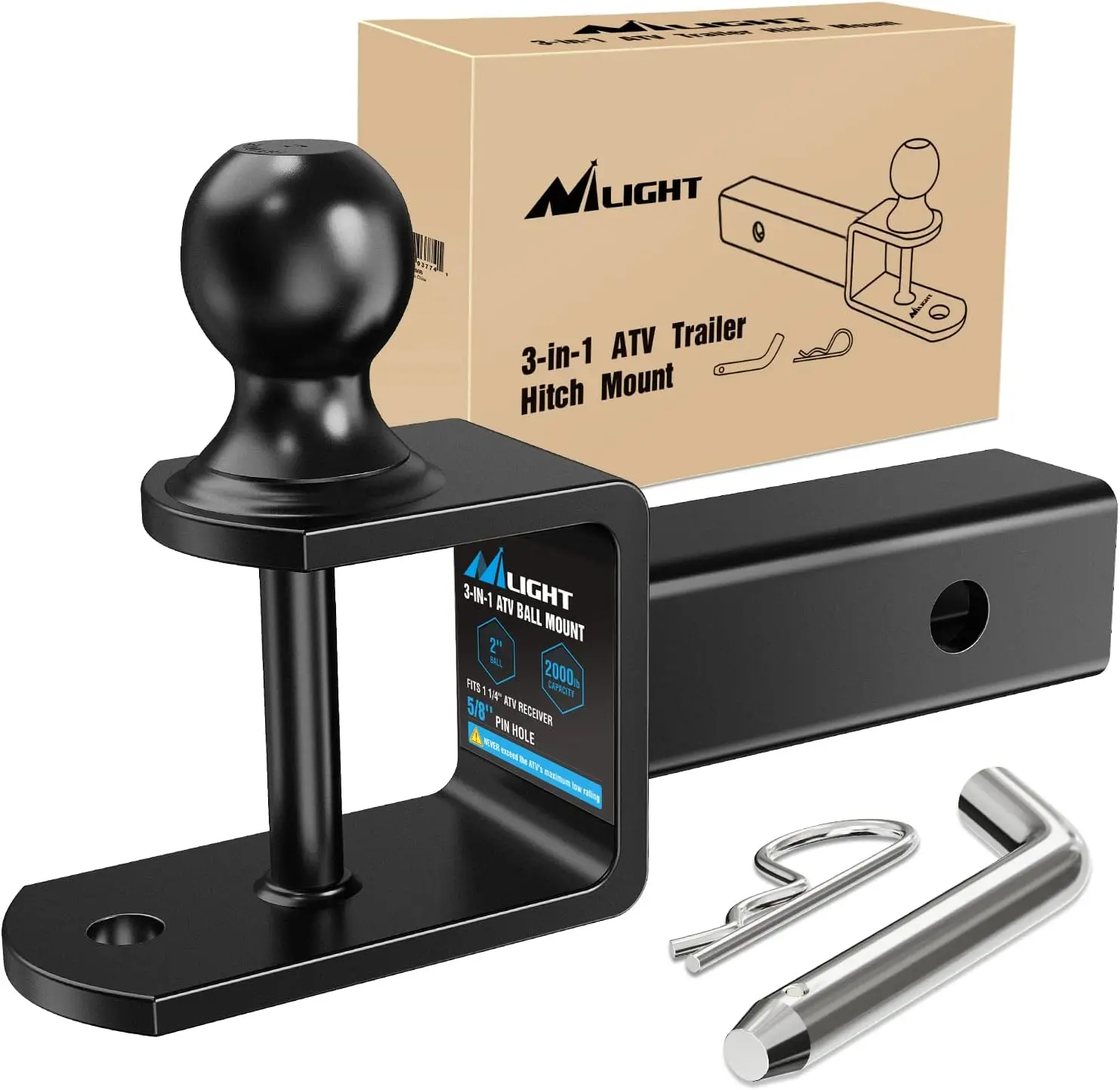 Nilight 3-in-1 Powder-Coated ATV/UTV Multi-Mount Trailer Attachment - 2-in Ball (2000 LBS Rating), 2-in Receiver Fit, 5000 LBS Winch Strap Loop for Boats, Campers