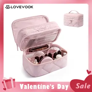 LOVEVOOK Travel Makeup Bag for Women,Large Opening Flat Toiletry Bag,Double Zipper Waterproof Quilted Makeup Bag,with Jewelry Storage and Makeup Brush Mesh Pocket,Daily Use and Travel Essentials,TikTokShopStockUp