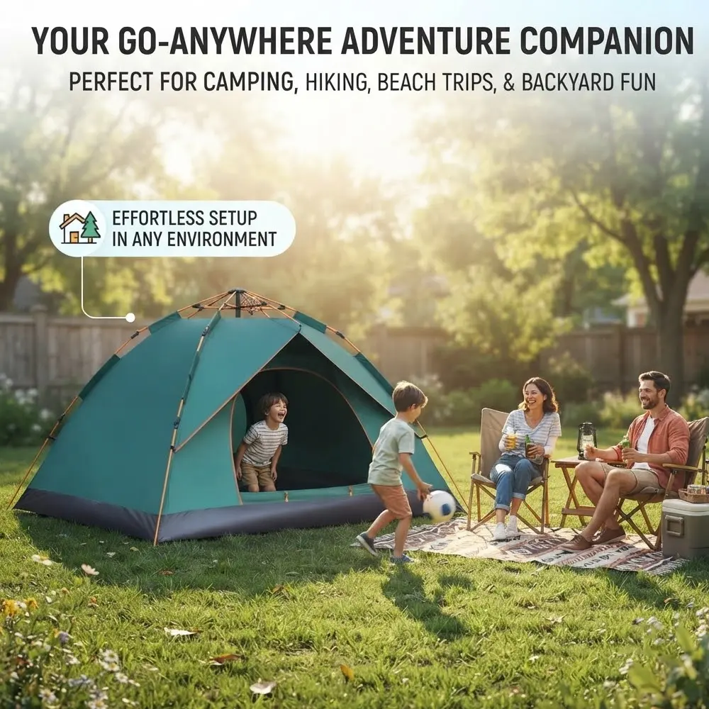 Pop-Up Camping Tent for 2-3 People - Automatic Setup, Water-Resistant Oxford Fabric Dual Door Dome, Portable Foldable, Spacious 78.7x59.1in for Camping, Hiking, Beach Trips