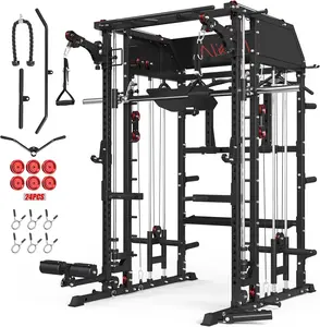 Smith Machine, Power Cage with Functional Trainer and Vertical Leg Press Attachment, All-in-one Power Rack Squat Rack for Home Gym Lat Pulldown System Strength Training Equipment Push Up Stand