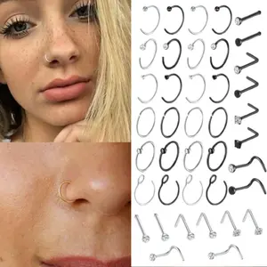 40PCS 18G Hoop Nose Ring - Surgical Stainless Steel Studs, L Shaped Nose Stud, Piercing Jewelry for Women - Silver, Black