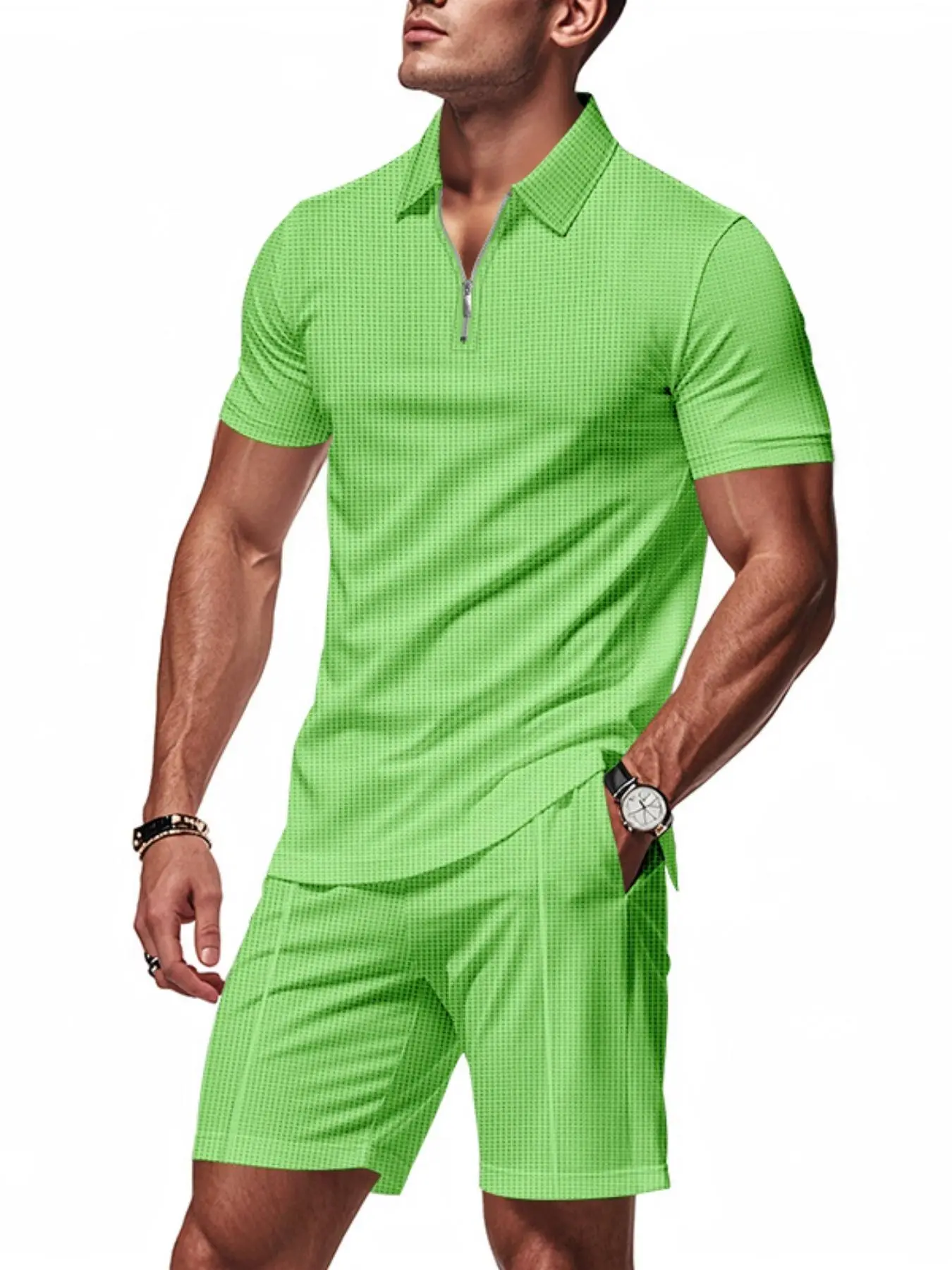 Men's Solid Zipper Polo Shirt & Shorts Set, Regular Fit Casual Tropical Short Sleeve Top & Shorts, Men's Summer Clothes for Daily Wear, Menswear