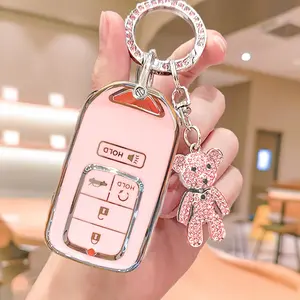 car bracket [Stylish Key Fob Cover] HONDA Car Key Fob Cover with Rhinestone Bear Charm | Soft TPU Protective Case Compatible with Accord, Civic, CR-V, Odyssey, for ACURA NSX - Stylish Keychain Protector Gift for Women & Men, Vehicle Remote