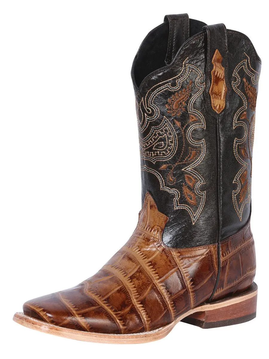 Botas de Panza de Caiman Grabado Punta Cuadrada Color Cafe Claro - El General