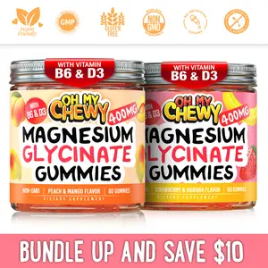 OH MY CHEWY Magnesium Glycinate Gummies Bundle – 2 Bottles (60 Each) – Strawberry Banana & Peach Mango Healthy Snacks