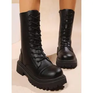 Women's British Style Thick Sole Boots, Soft Leather Chelsea Mid-Calf Boots, Fashionable Versatile Height Increasing Slimming Boots
