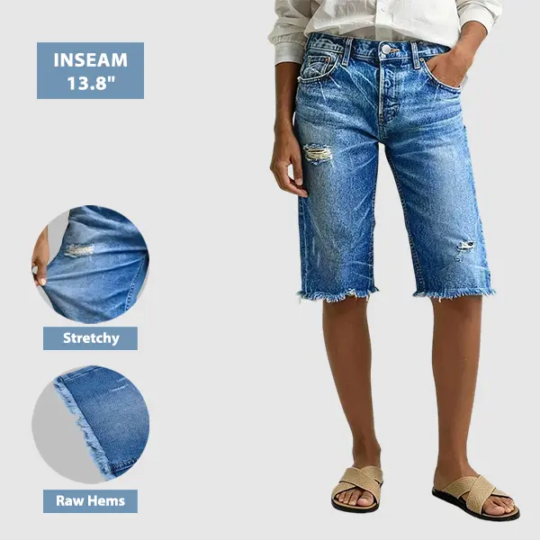 Flamingals Raw Hem Ripped High Waist Denim Bermuda Shorts Stretchy 13.8'' Inseam