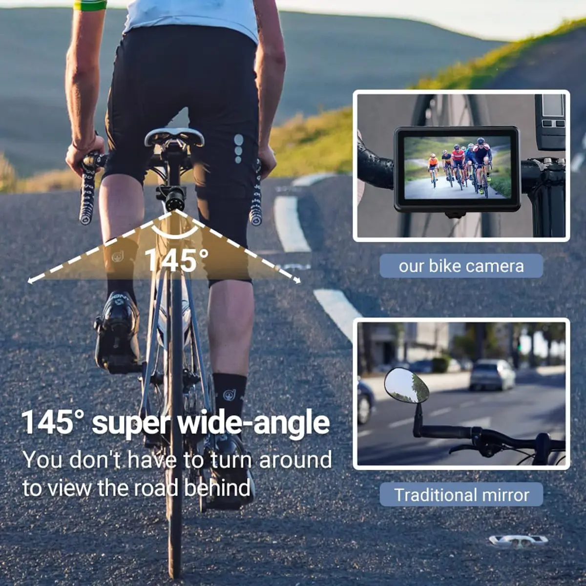 Bicycle Camera, Handlebar Bike Rear-View Camera, with 4.3 Inch HD Night Vision Function, 145° Wide Angle View, Adjustable Rotating Bracket, Compatible with Bicycle, Mountain Bike, Road Bike