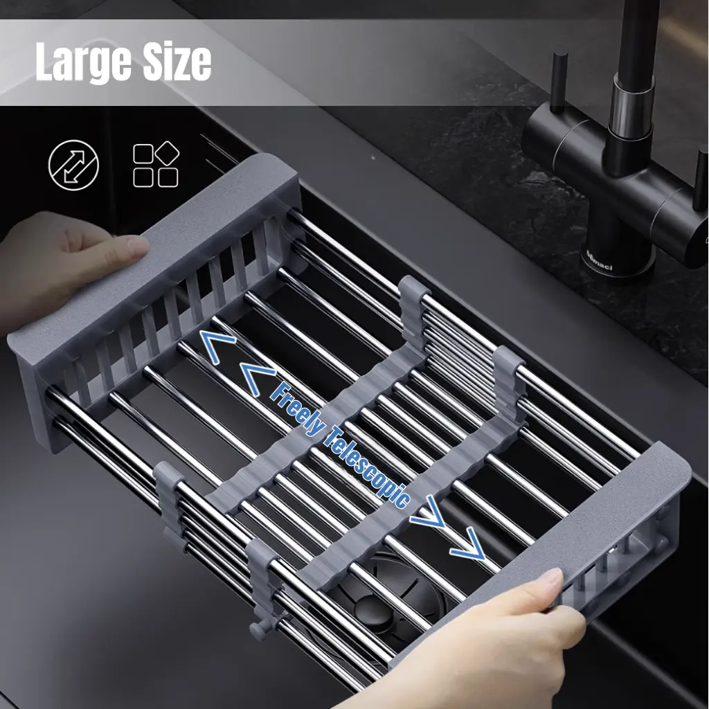 Multifunctional Stainless Steel Expansion Sink Drain Basket, Adjustable Dish Drying Rack, Over-The-Sink - Portable & Telescopic Space-Saving Solution for fruit vegetable, Perfect Gift for Housewarming
