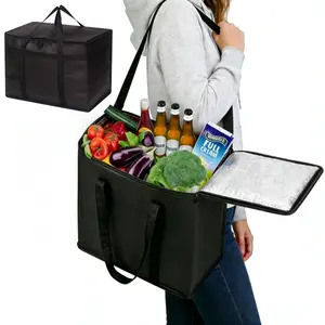 1pc Black Insulated Cooler Bag，Big Capacity ，Collapsible，Leakproof ，Waterproof，Insulated Grocery Bag，Food Delivery Bag， Heavy Duty, Large Size, Durable Handles, Dual Tab Zips, Lid, Stands Upright，Insulated Shopping Bags