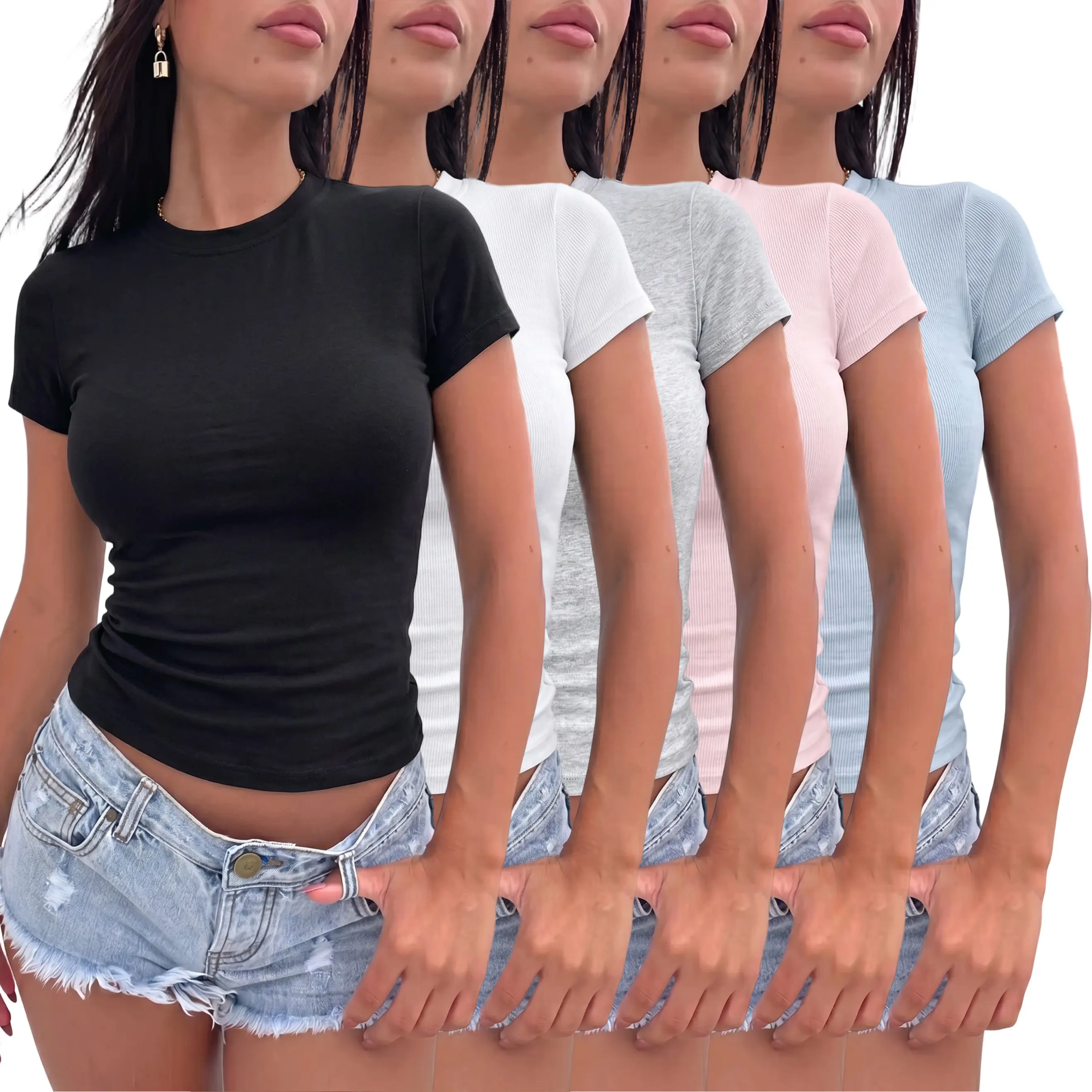 Women’s five-piece set: crew-neck cropped T-shirts—soft, stretchy cotton short-sleeve tops that flatter the figure with a slim fit; classic, versatile layering basic undershirts; casual tops suitable for street style, everyday wear, and going out/dates.