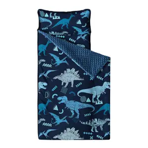 - Toddler Nap Mat with Pillow and Minky Fleece Blanket, for Kids Boys in Daycare Preschool Kindergarten, Roll Up Sleeping Bag, Jurassic Dinosaur Sketch, Navy Blue, Standard