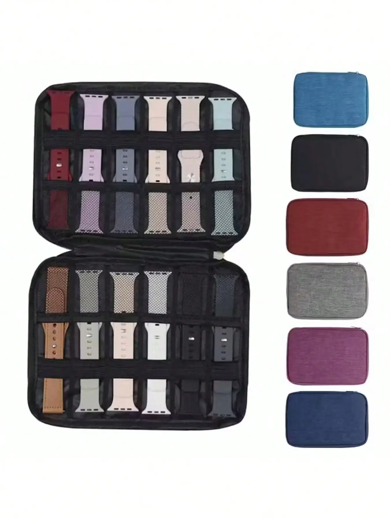 Nylon Watch Band Storage Box, Premium Polyester Watch Strap Organizer, Elastic 12 Rings & Flip Cover Lock Design, Portable Travel Case