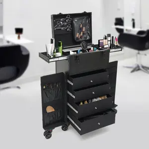 CNCEST Professional Rolling Makeup Case with Adjustable Rod and Multiple Storage Compartments Aluminum Alloy and ABS Portable Beauty Organizer Travel Essentials