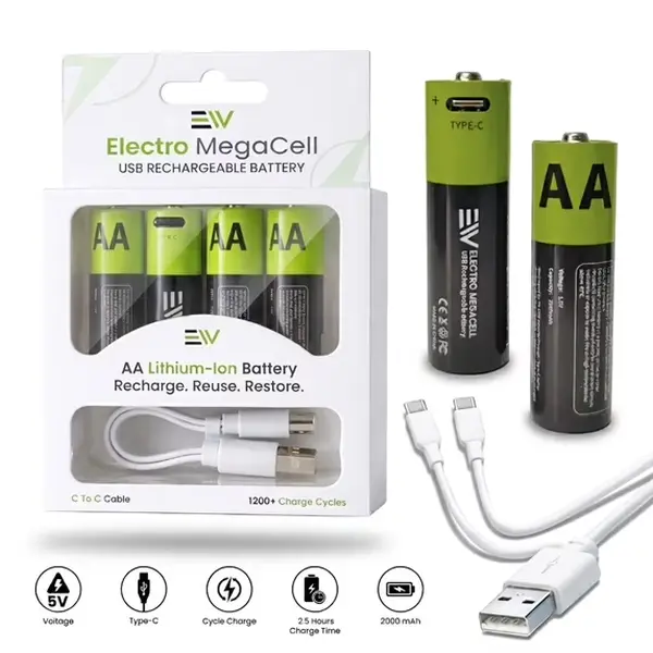 Electronic World Rechargeable AA Lithium-Ion Batteries, 2000mAh USB-C Fast Charging, 1200+ Recharge Cycles, 4-Pack AA Batteries