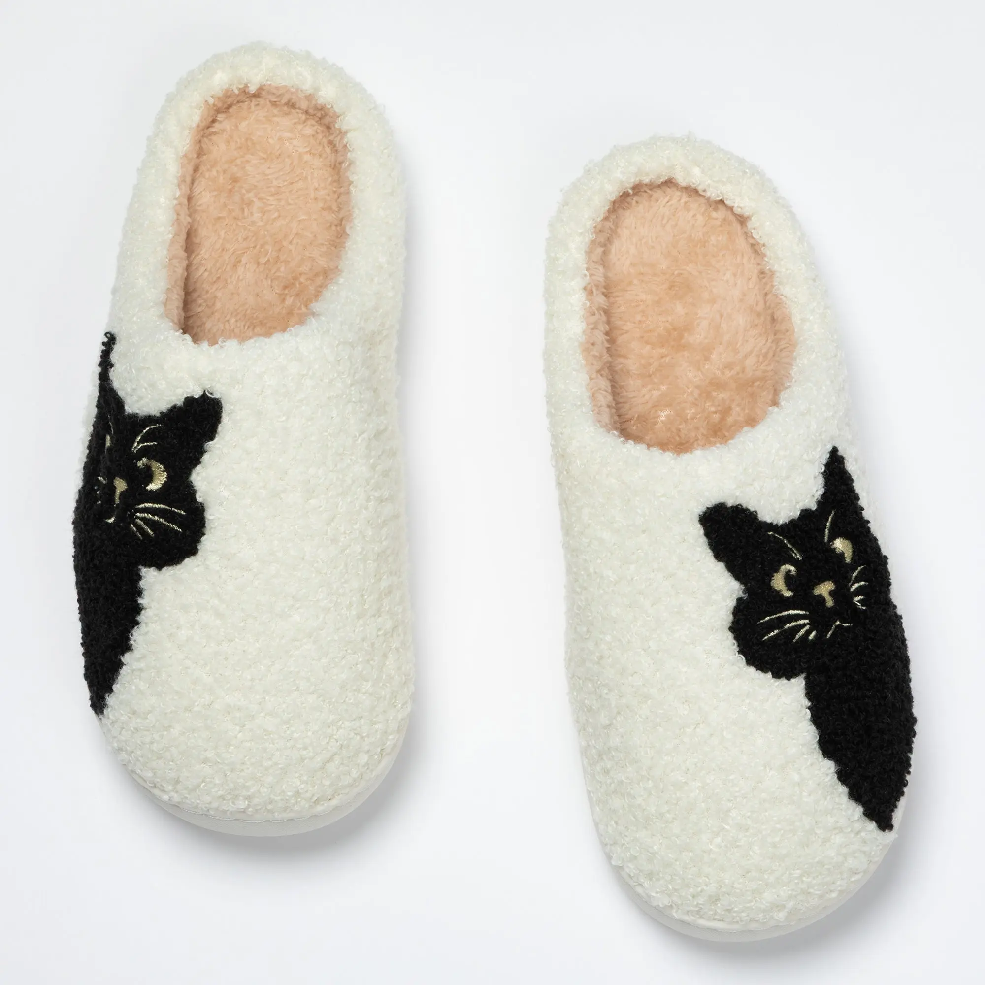 Women's Black Cat Cute Sherpa-Lined Slippers, Female Size Home Wear Shoes