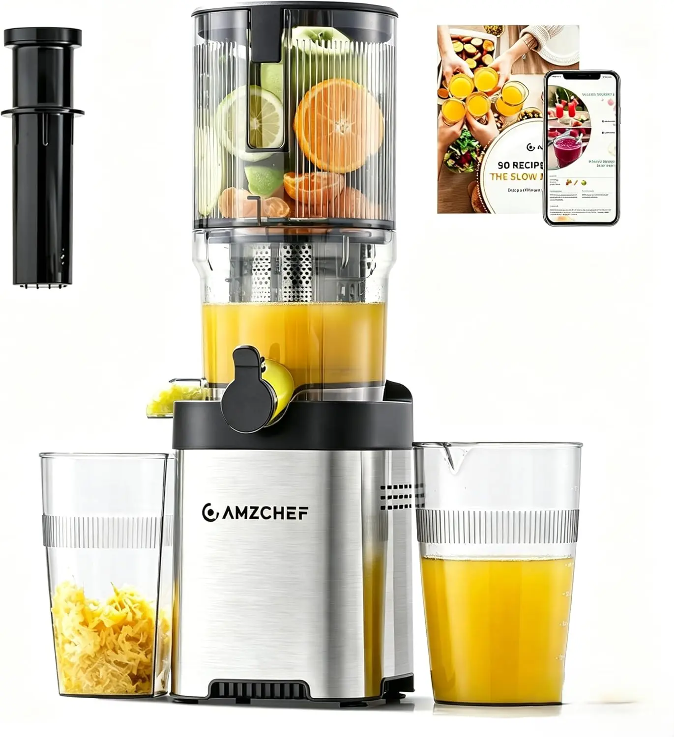 AMZCHEF Cold Pressed Stainless Steel Countertop Juicer, 200W Slow Juice Extractor Machine with Reverse Function, Anti-Drip Cover, Juice Cup, Pomace Cup & Cleaning Brush