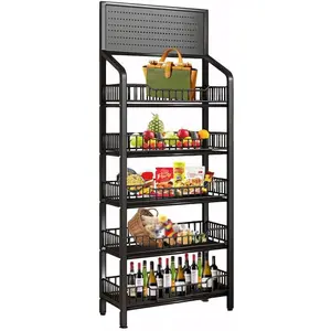 5 Tier Retail Display Rack, Snack Organizer Stand With Wheels & Hooks, Candy Potato Chip Metal Wire Display Shelf Cart for Supermarket and Home Kitchen, Black