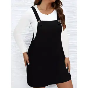 Elegant Solid Color Corduroy Overall Dress for Women - Machine Washable, Button Detail, Perfect for Spring/Summer/Fall