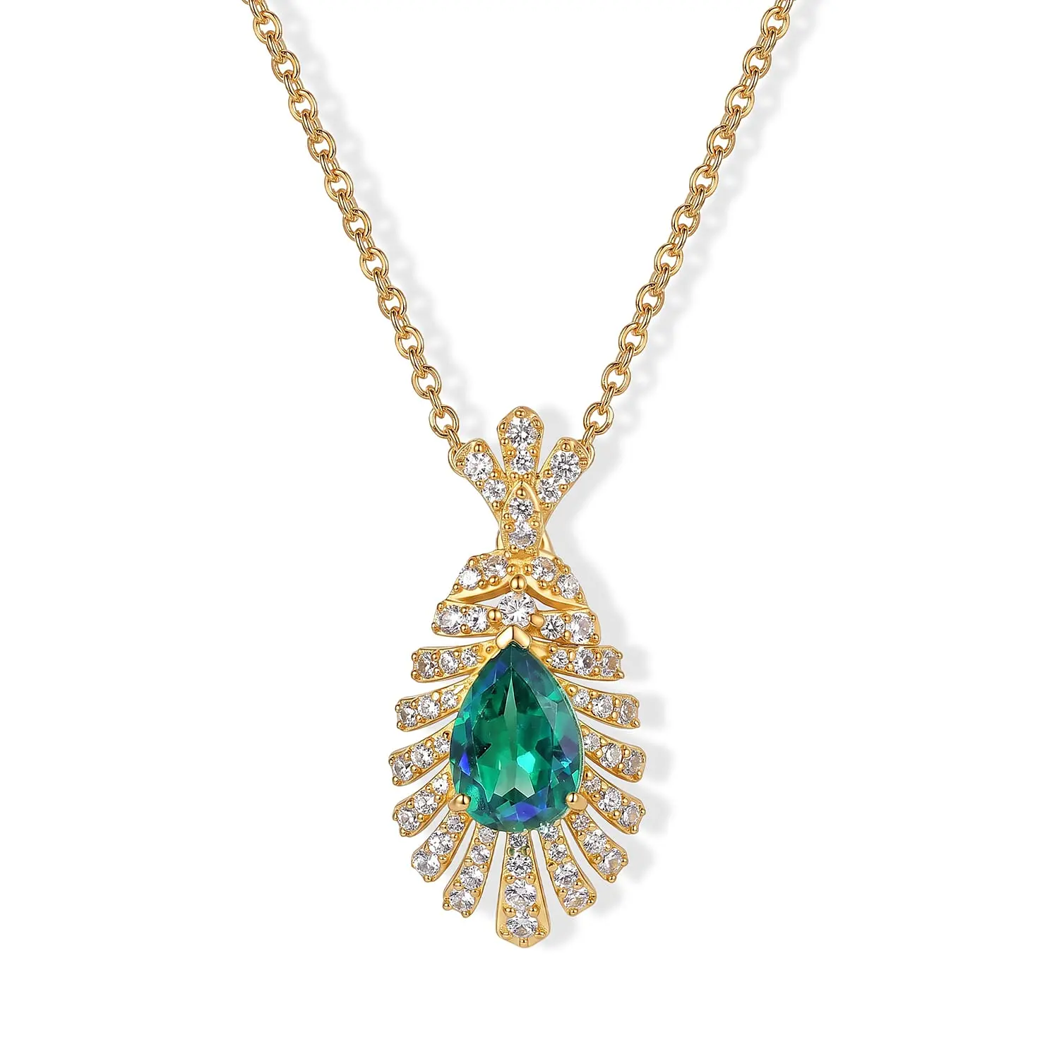EverTrue Peacock Quartz, White Zircon Feather Glow Pendant in 18K YG Plated with ION Plated YG Stainless Steel Necklace (20 Inches) 3.20 ctw