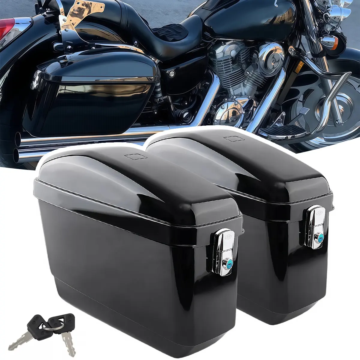 2-Pack Universal Hard Motorcycle Side Cases, Standard Version with Lock and Mounting Brackets, Luggage Storage Solution for Yamaha, Honda Shadow, Suzuki, Kawasaki Vulcan, Victory Viking Cruisers 's Gift Idea