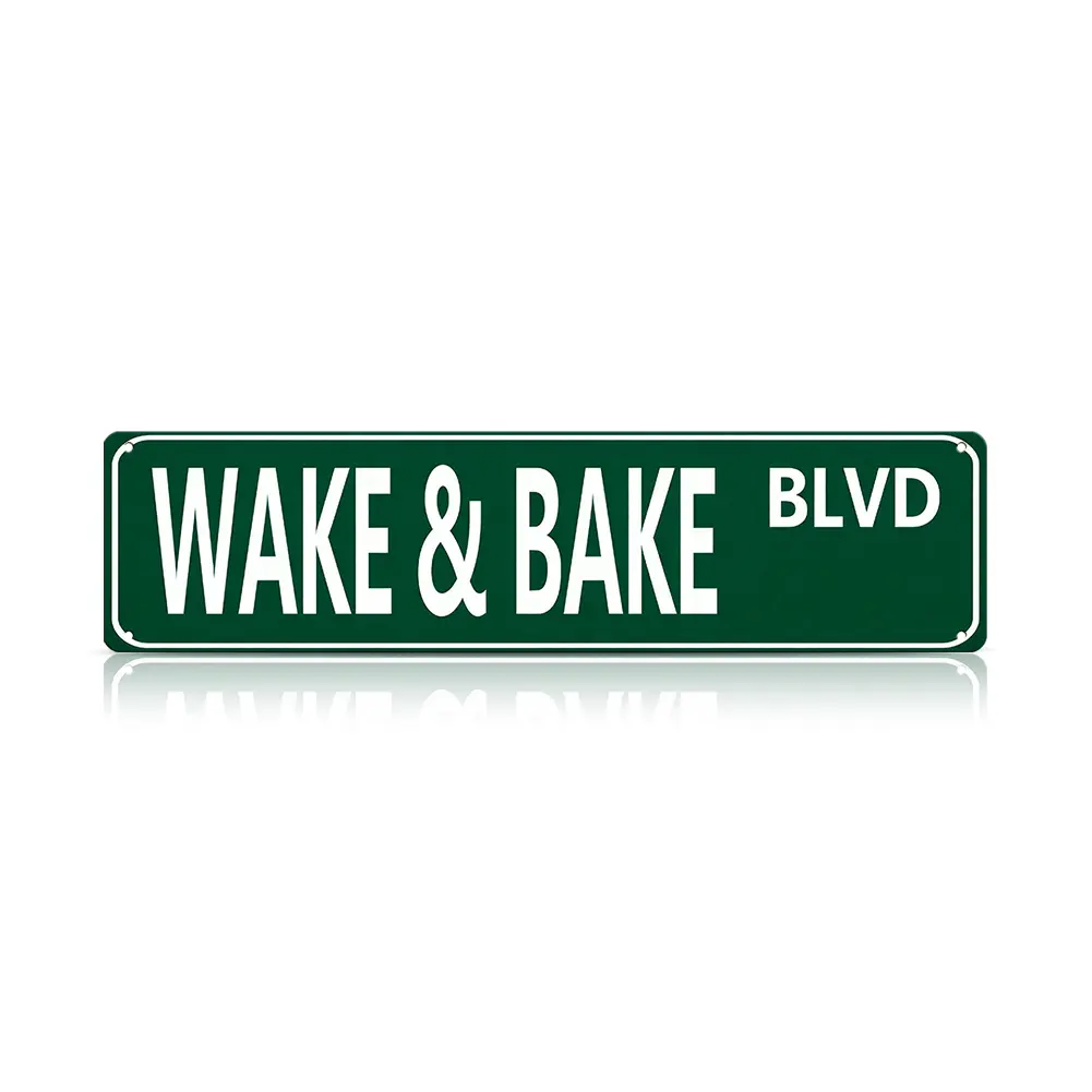 "Wake & Bake Blvd" Funny Aluminium Wall Decor Sign, 16x4 in Vintage Weed-Themed Slim Street Sign, Weatherproof Indoor/Outdoor Plaque with Pre-Drilled Holes, Humor Gift for Home Bar, Cafe