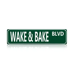 "Wake & Bake Blvd" Funny Metal Tin Sign |   16x4 Inch Vintage Weed-Themed Wall Art in Multiple Styles & Colors |   Slim Street Sign for Home Bar, Cafe & Garage |   Prank Gift & Humorous Decor |   Indoor/Outdoor Ready with Pre-Drilled Holes