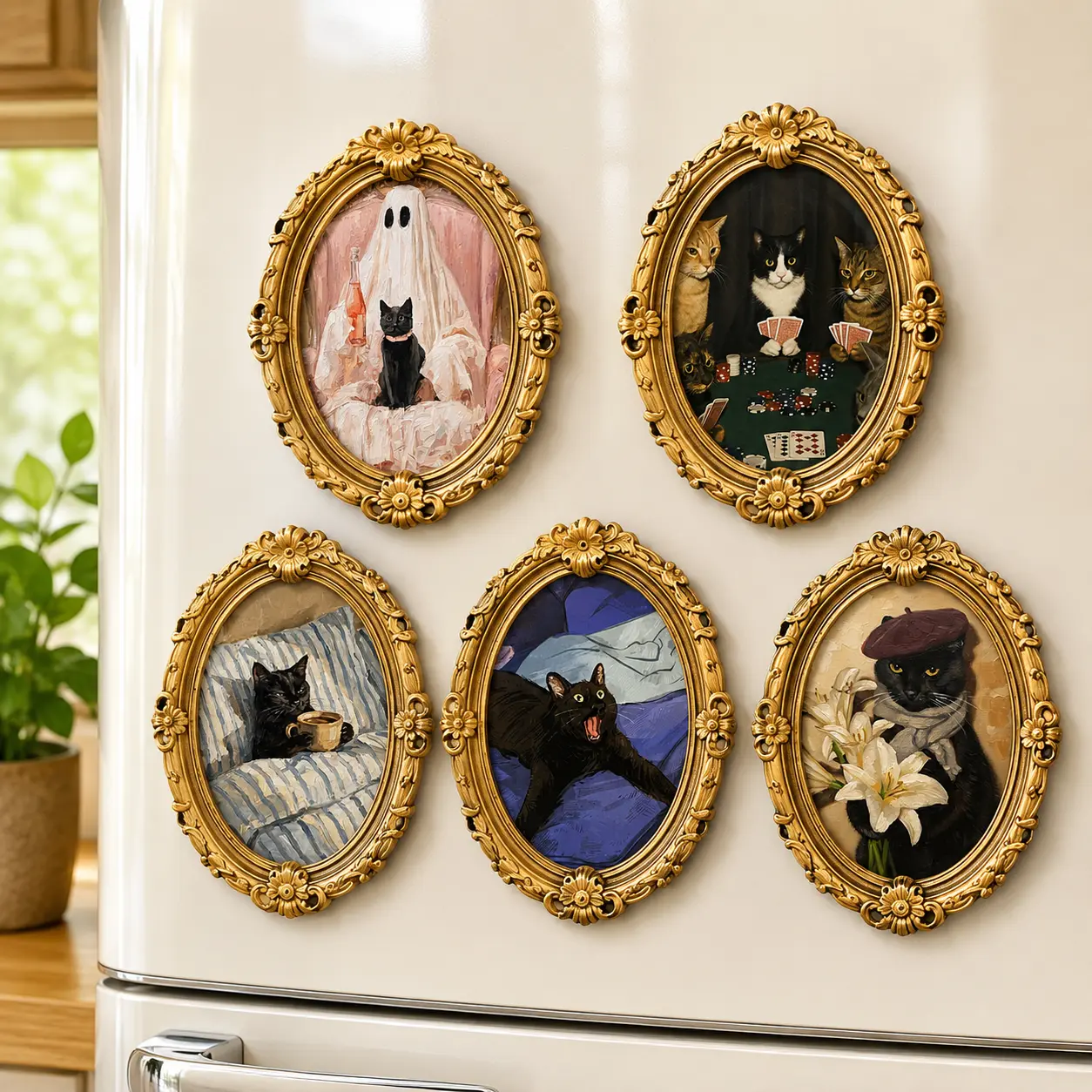 Vintage Gold Oval Frame Cat Art Wooden Fridge Magnet Funny Classical Oil Painting Refrigerator Magnet
