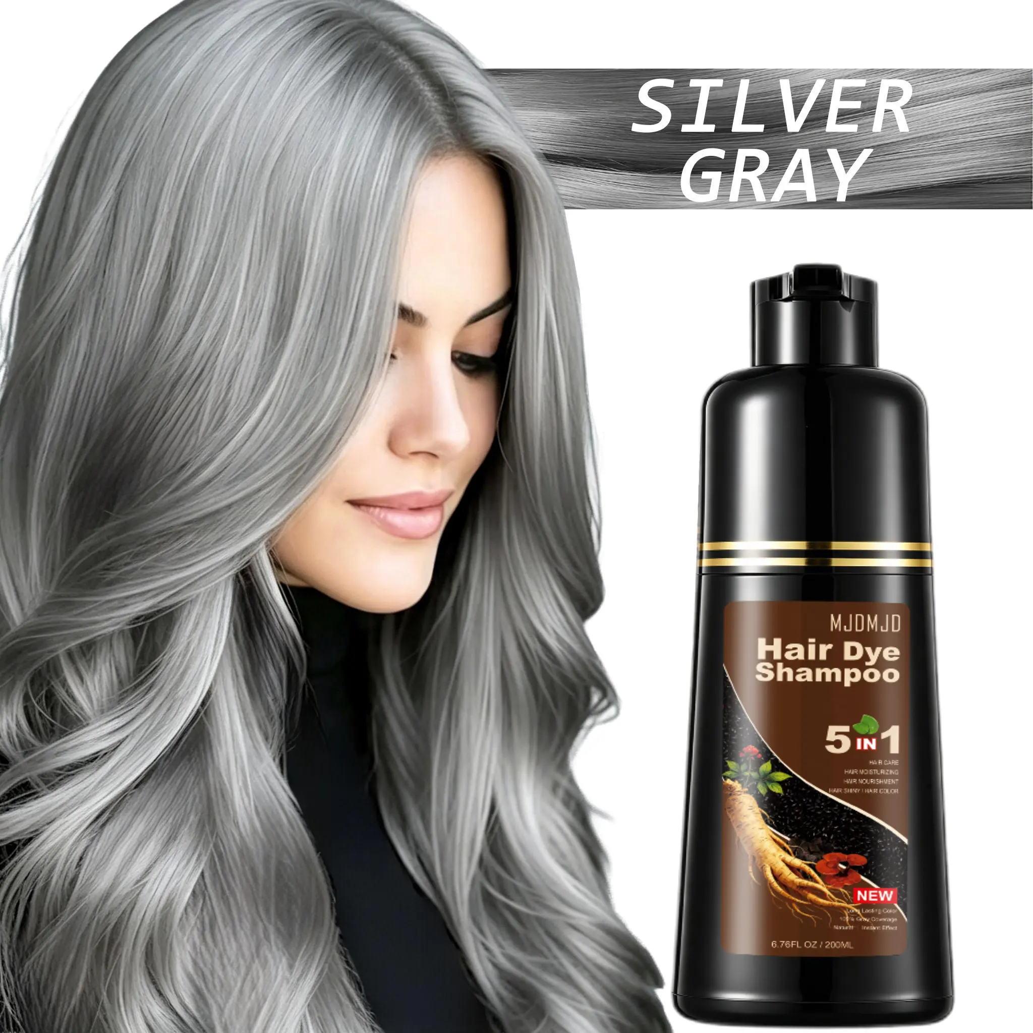 Silver Gray Hair Dye Shampoo for Gray Coverage, 5-in-1 Hair Color Shampoo for Women & Men, Natural Looking Silver Gray Hair Color, Fast Coloring, Gentle Conditioning Formula, Easy to Use, 200ml