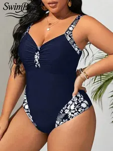 Briza｜Ruched V Neck One Piece Swimsuit In Navy Floral Print, Plus Size Swimsuits And Plus Size Swimwear, Bathing Suits For Women With Tummy Control Swimsuits For Women, Vacation Swimwear For Women And Resort Bathing Suit Confidence
