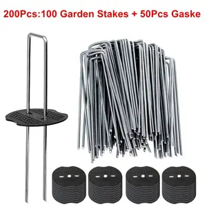 Total 200pcs: 100Pcs Garden Stakes Staples & 100Pcs Gasket 6 Inch Lawn Landscape Staples  U Shaped Galvanized Landscape Pins Heavy Duty Yard Ground Pin for Weed Barrier Sod Fabric Decorations