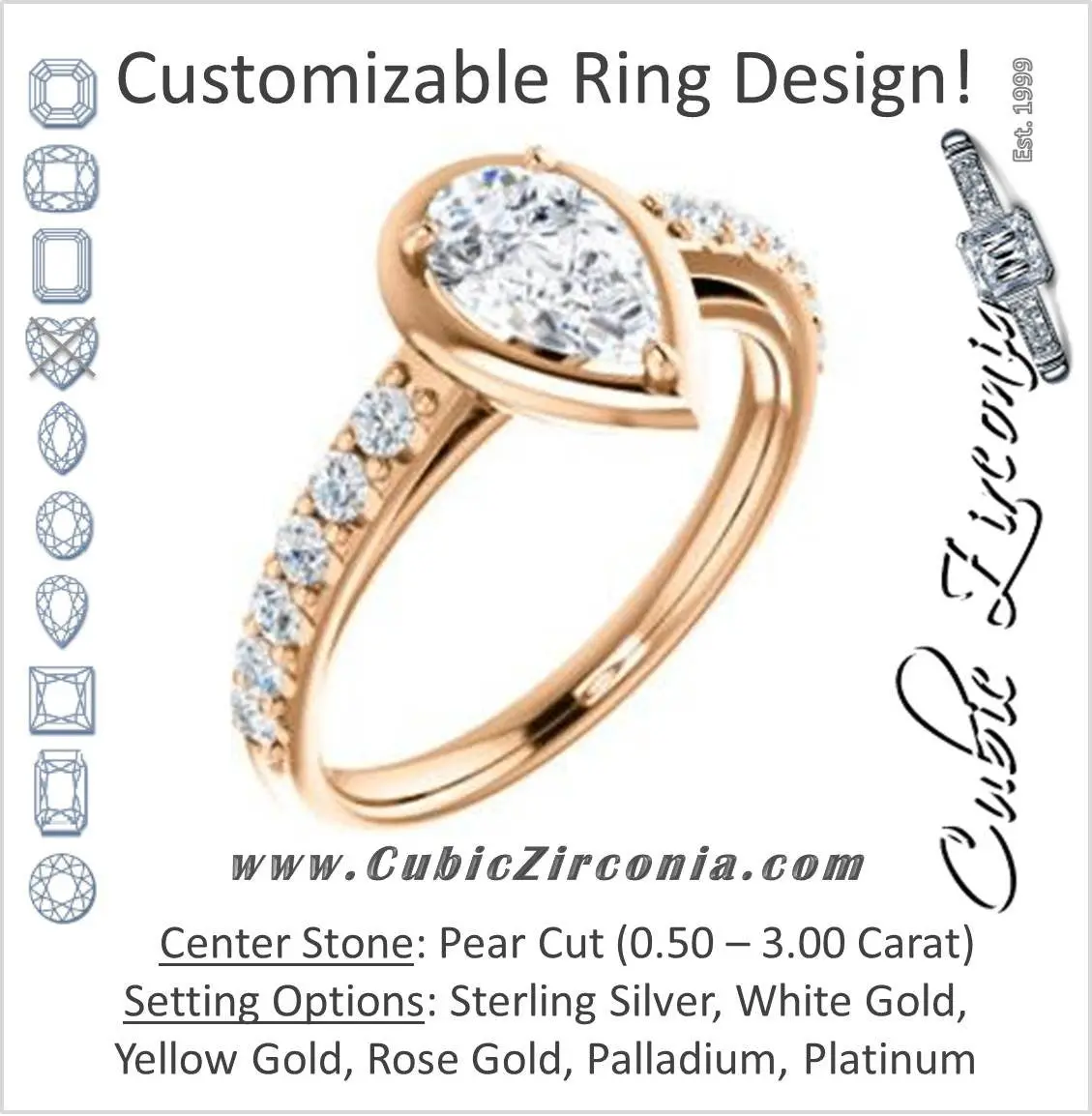 Cubic Zirconia Engagement Ring- The Lynette (Customizable Cathedral-style Bezel-set Pear Cut 13-stone Design with Round Band Accents)