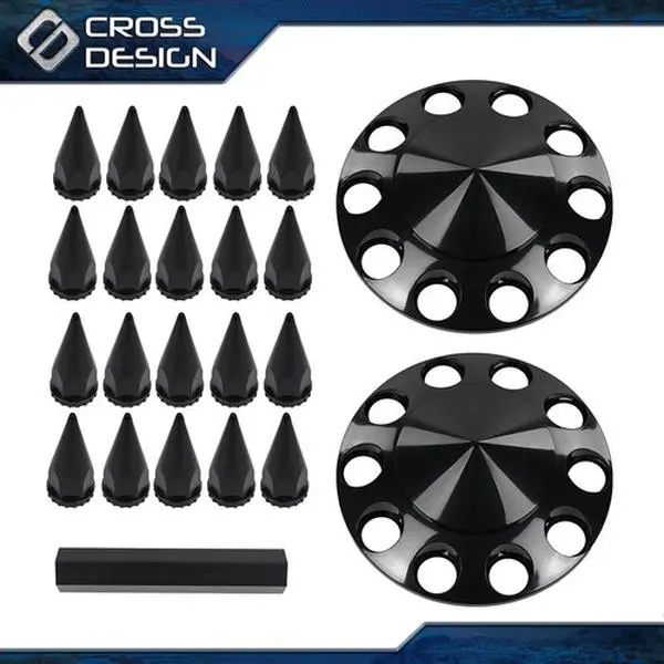 CROSSDESIGN 33mm Spiked Plastic Front Wheel & Nut Cover Set - 1 Pair Pack Threaded-On Durable Aftermarket Wheel Bolt Covers for Black Semi Trucks, Limited Life Guarantee, Automotive Parts