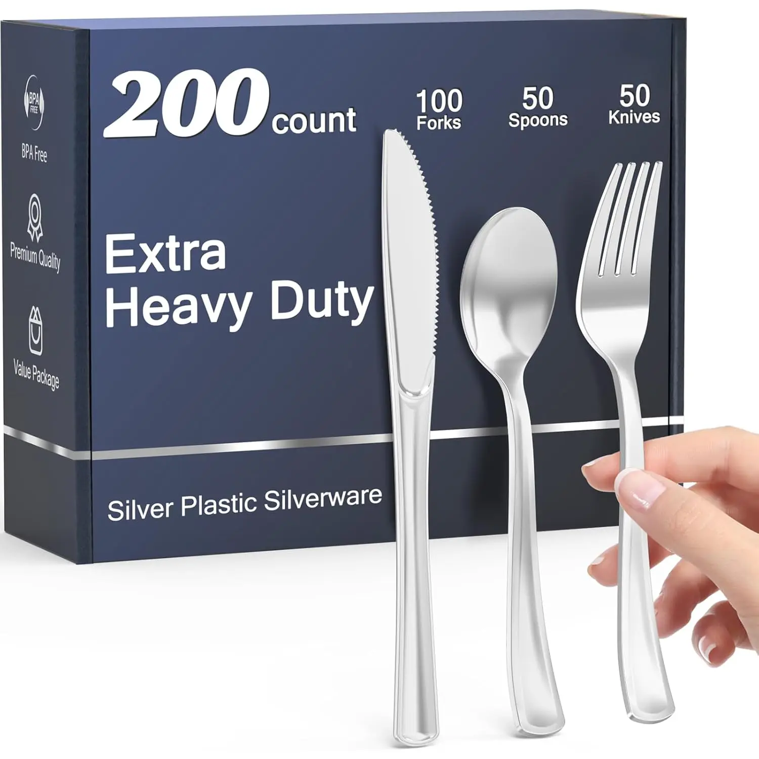 200-Count Heavy Duty Disposable Plastic Silverware Set for Weddings, 100 Forks, 50 Spoons, 50 Knives, Heat Resistant Bulk Plastic Cutlery for Kitchen Tableware, Wedding
