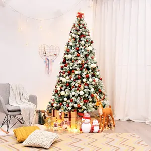 Costway 4.5/6/7.5/9FT Pre-Lit Christmas Tree, Artificial Hinged Xmas Tree with Warm-White LED Lights, 8 Lighting Modes, Red Berries & Pinecones