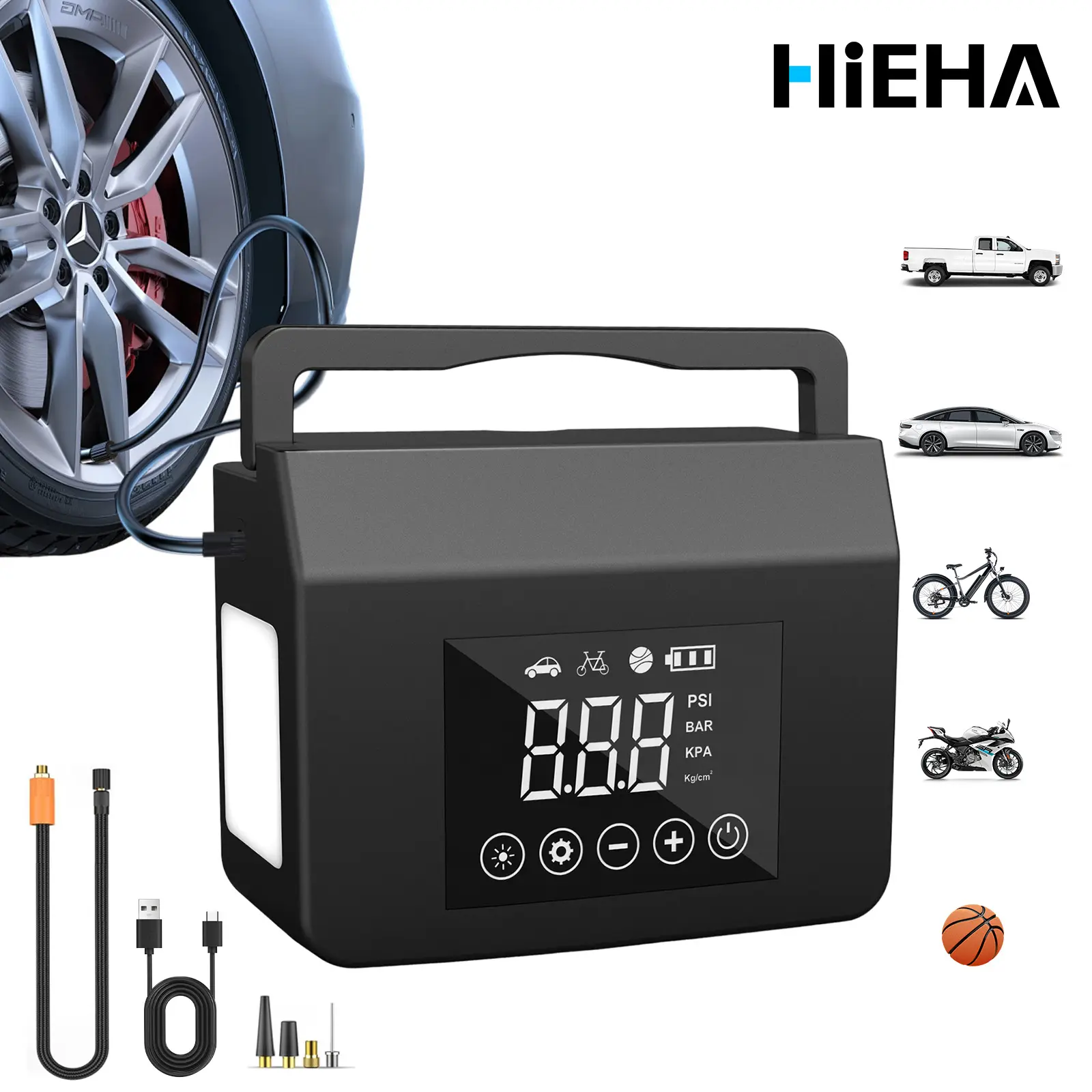 【HiEHA】2026 3-in-1 Cordless Automotive Digital Vehicle Tire Inflator Car Jump Starter Power Bank, 8000mAh 150PSI with LED Flashlight SOS Light for Cars, Phones
