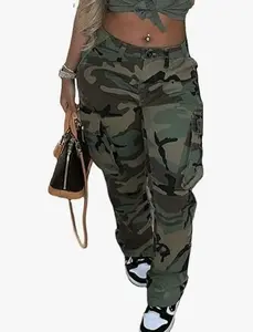 Womens Camo Cargo High Waist Pants Camouflage Military Elastic Trousers with Pockets