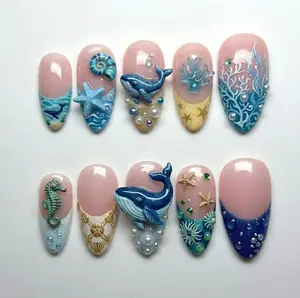 Handmade Blue Whale Press On Nails, Cute 3D Seahorse & Shell Nail Set, Ocean Mermaidcore Art, Deep Blue French Tips for Summer Vibes