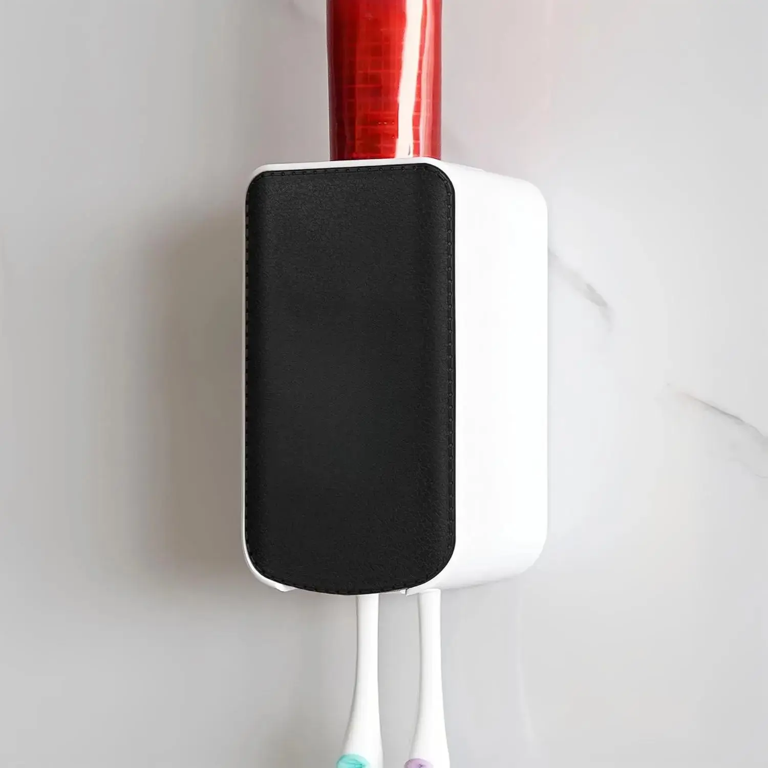 2 Slot Plastic Toothbrush Holder and Toothpaste Dispenser Wall Mounted, Automatic Toothpaste Squeezer, 2 in 1 Tooth Brush Toothpaste Organizer for Shower (Black)