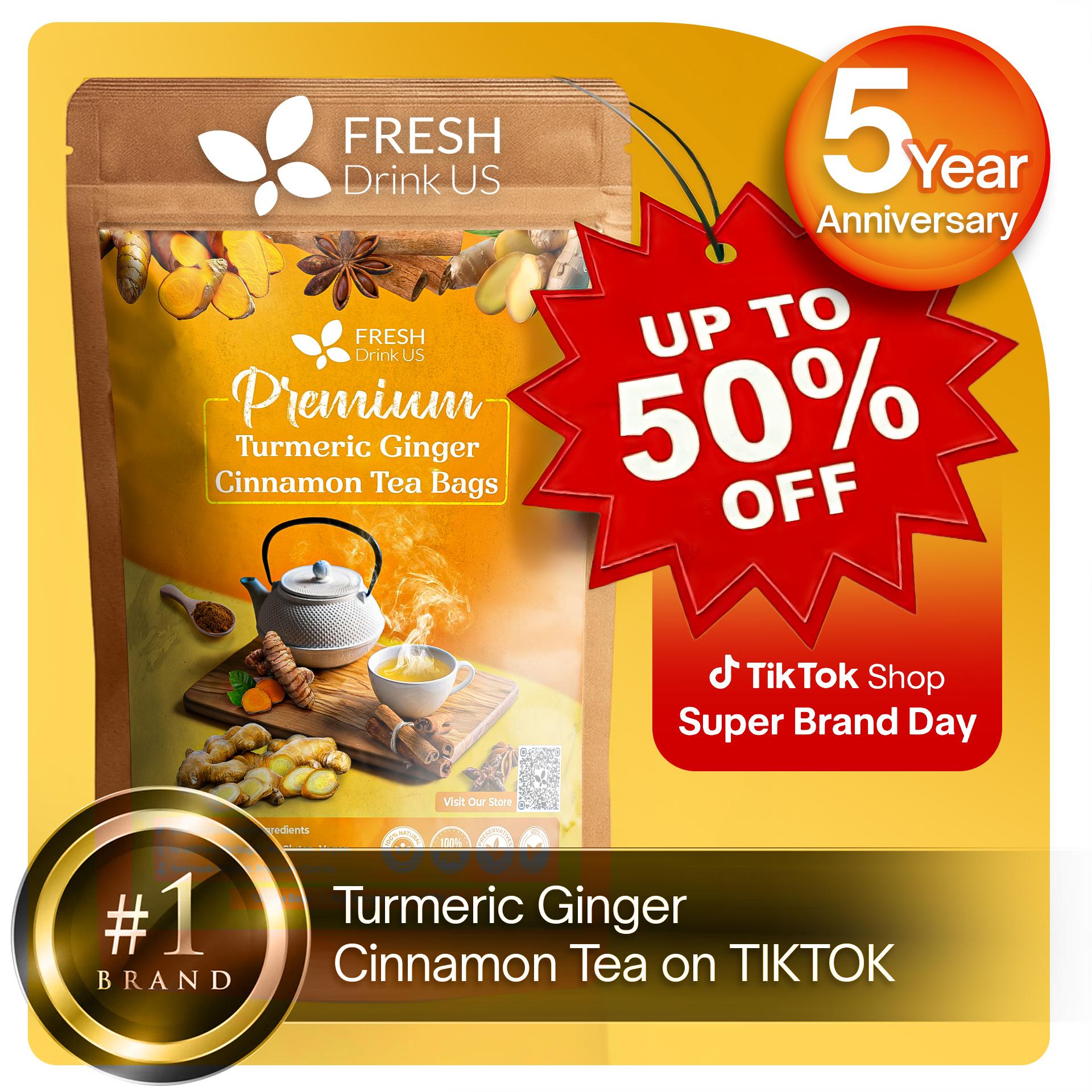 【FreshDrinkUS】 Turmeric Ginger Cinnamon Tea, 100% Natural, Anti-Inflammatea. Eco-conscious Tea Bags. No Sugar, No Caffei