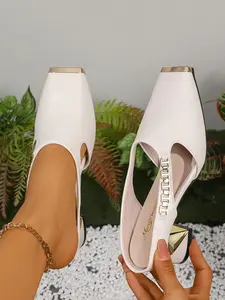 Women's Metal Chain Square Toe Slip-On Shoes, Chunky Heel Design, Versatile Office Wear, Stylish Closed-Toe Mules, Perfect for Daily Use