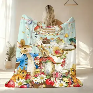 Cute Cartoon Peter Rabbit Flannel Throw Blanket Soft Warm Knee Skin Friendly Throw For Sofa Office Bed Traveling Winter Oversize Plush Blanket Gift