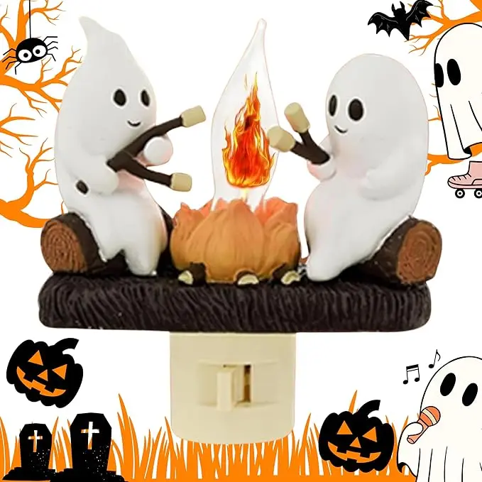 Ghost Campfire Flickering Night Light, 3D Small Electric Faux Campfire Night Light,Ghosts Campfire Flicker Flame Nightlight, 5in LED Campfire Night Lights Funny Halloween Decor