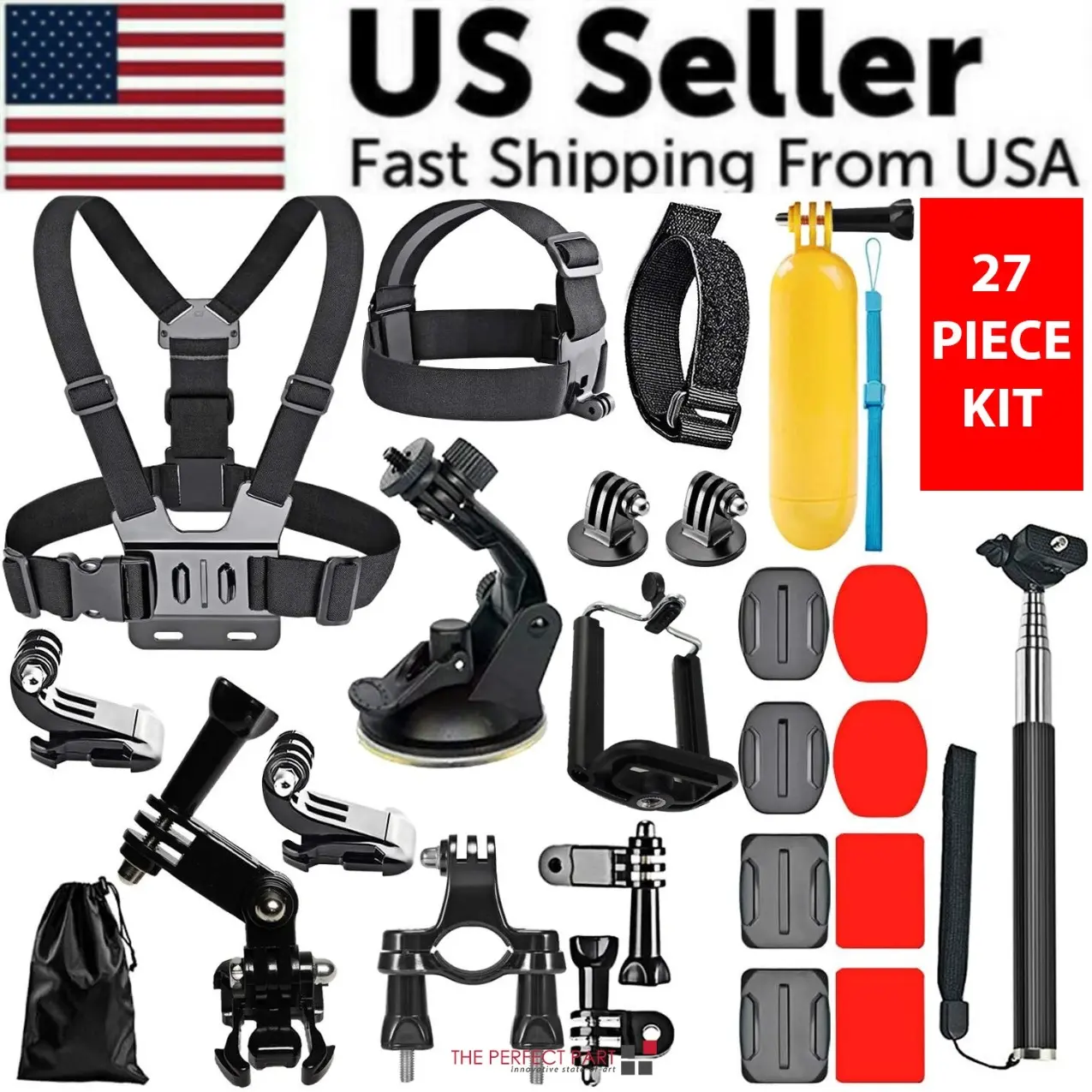 Action Camera Accessories Kit, Camera Mount Set with Head Strap, Chest Strap, Bike Handlebar Mount, Suction Cup Mount, Floating Grip, Selfie Stick, Adjustable Mounts for Compatible Action Cameras | chest camera mount, bike camera mount, car suction mount