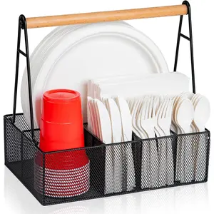 Paper Organizer with Handle for Countertop, Silverware for Cup, Napkin, Fork and Spoon, Paper and Utensil Holder, Cutlery for, Camping, (Black)