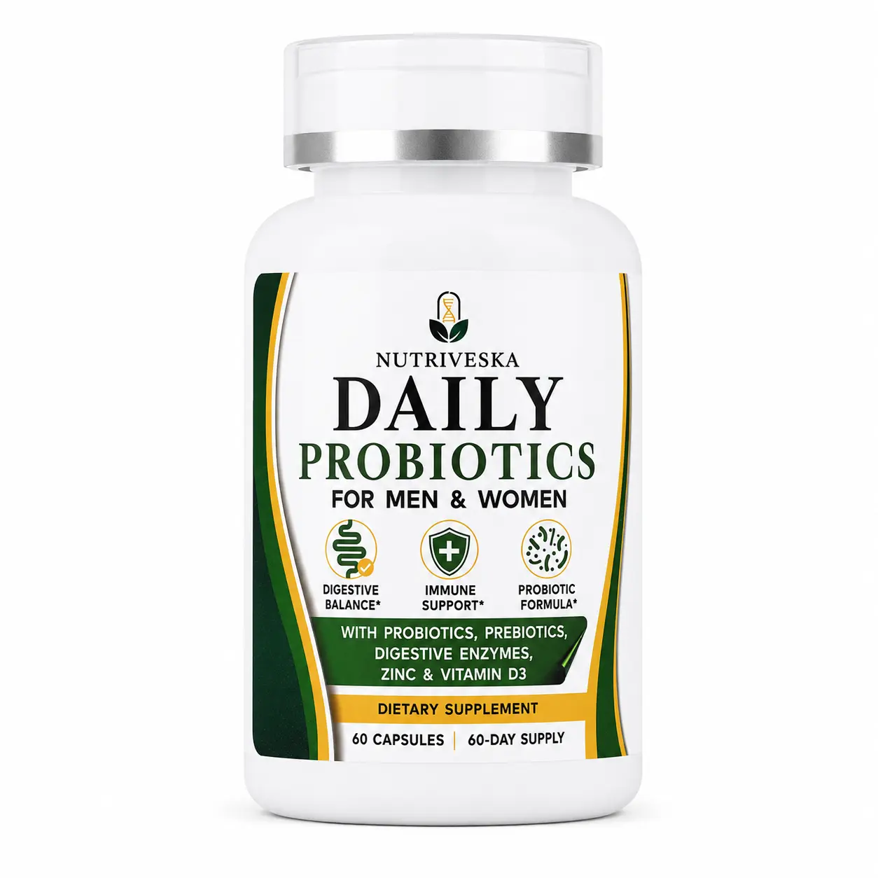 Nutriveska Daily Probiotics Dietary Supplement for Men & Women - 50B CFU, 250mg, 60 Capsules, Prebiotics, Digestive Enzymes, Zinc, Vitamin D3, Fiber, Bifidobacterium Bifidum, cGMP Multi-Nutrient Gut & Immune Support, Gut Support, 250 Mg